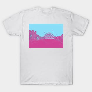 Bridges of NewcastleGateshead Quayside Linocut in Turquoise and Raspberry T-Shirt